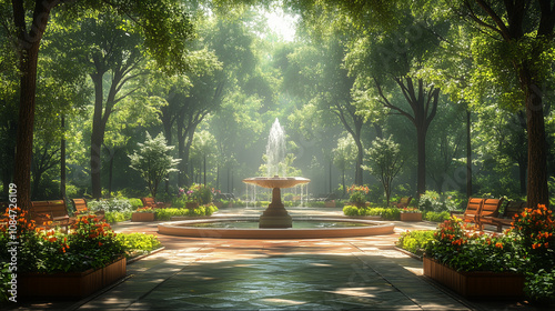 A serene park with a symmetrical fountain surrounded by evenly spaced benches and trees: A person with visible five-fingered hands holds a book while sitting on a bench, enjoying t
