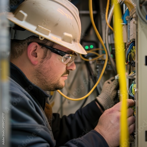 An electrician is focused on repairing and maintaining an electrical panel, wearing protective gear. The workplace is well-lit with visible tools and wires, showcasing a typical work environment photo