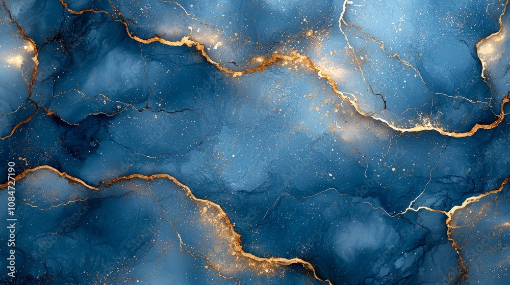 Abstract blue and gold marbled texture with fluid patterns and shimmering details. Abstract blue and gold marbled texture with fluid patterns and shimmering details.