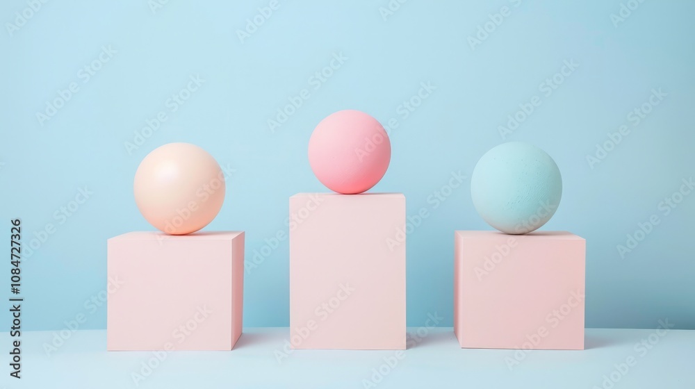 Wallpaper Three spheres are balancing on top of pastel pink cubes in front of a blue background