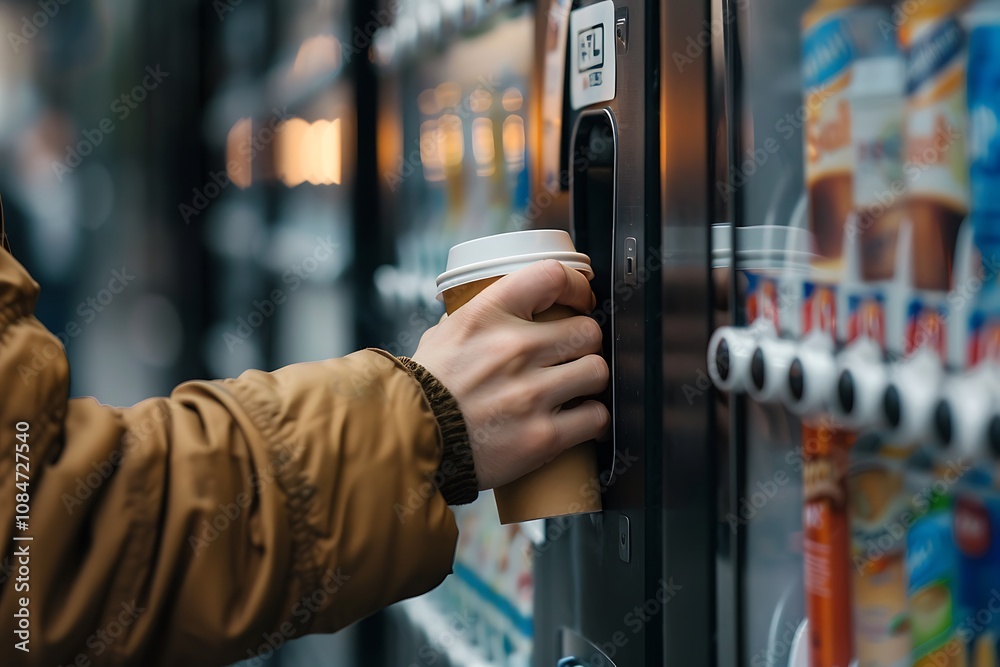 Hand holding a cup of coffee in a vending machine
