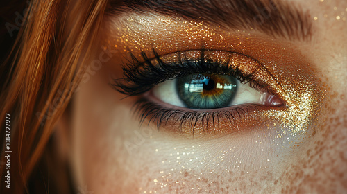 Close-up of a blue green eyes with natural make-up in soft golden glotter photo