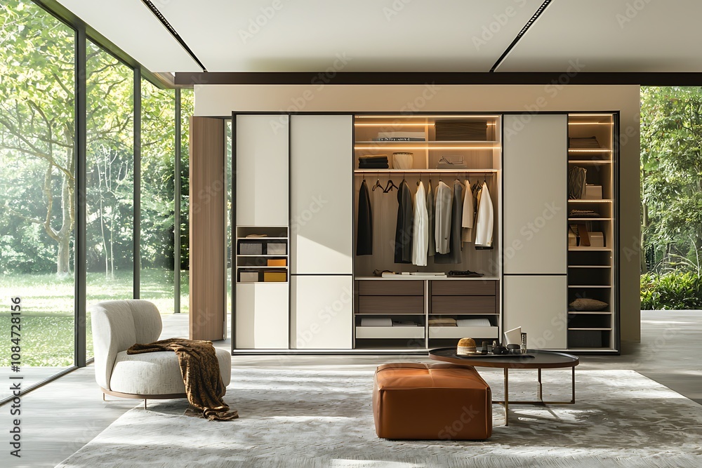 Fototapeta premium Large modern white wardrobe within a luxury home, designed for organization.