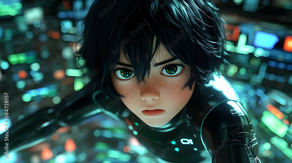 Cyberpunk Character Illustration -  Close Up Portrait of a Young Woman with Green Eyes in a Digital World