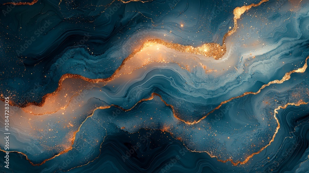 Abstract blue and gold marbled texture with shimmering elements. Abstract blue and gold marbled texture with shimmering elements.