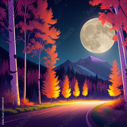 Moon light drive through the mountains with the aspen and evergreen trees accented by the moon light