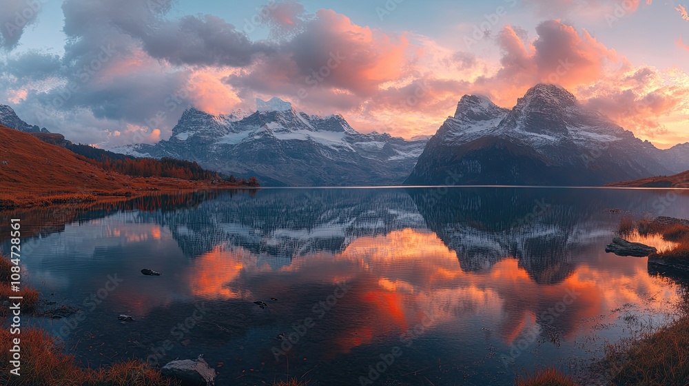 A stunning panorama of a mountain lake at sunset, with snow-capped peaks reflected in the still water. A stunning panorama of a mountain lake at sunset, with snow-capped peaks reflected in the still water.