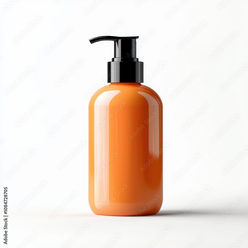 A vibrant orange cosmetic bottle with a pump top, set against a clean, white background, Ideal for use in beauty product advertisements, packaging design, or e-commerce listings for skincare items,