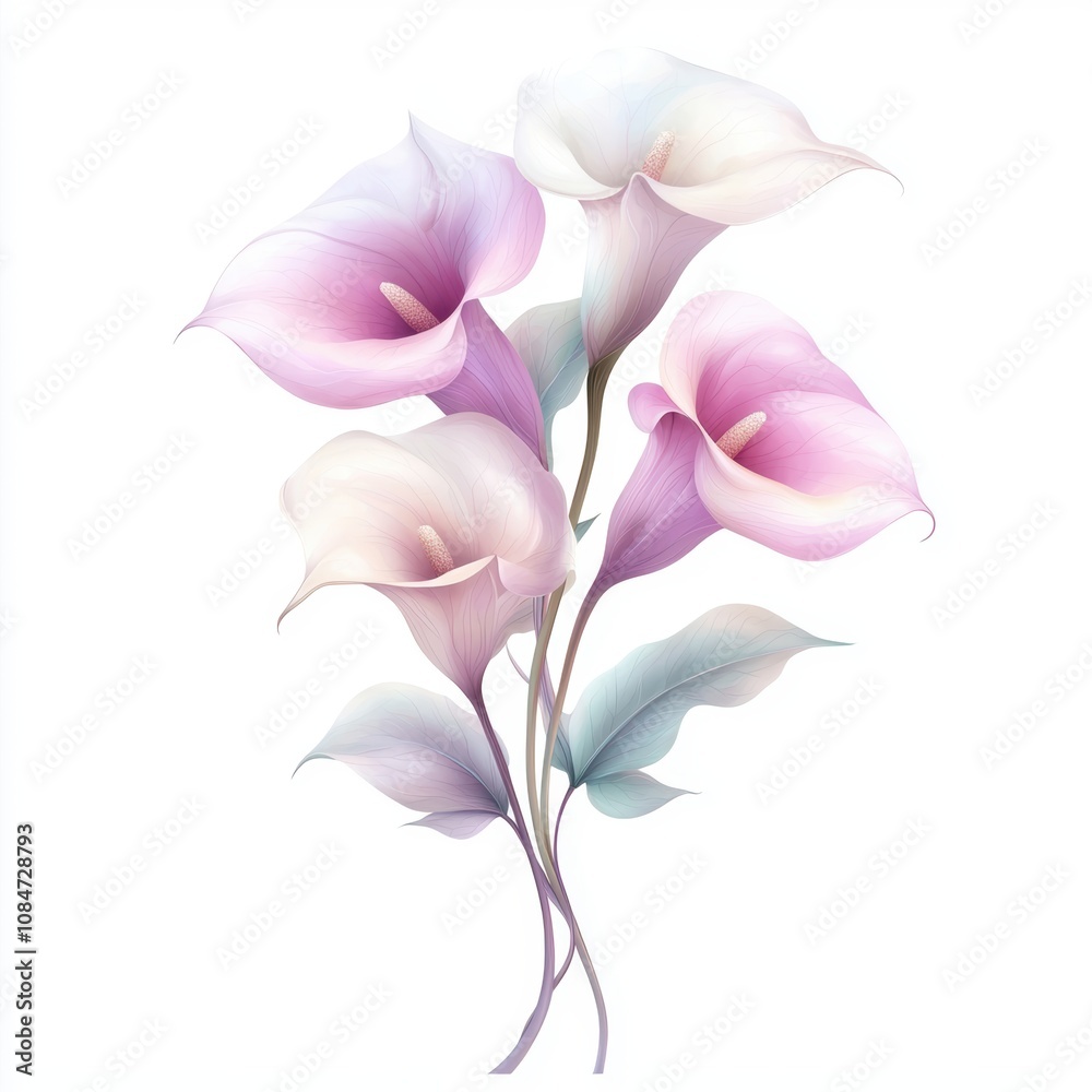 A serene arrangement of delicate pastel calla lilies, set against a soft white backdrop, ideal for floral-themed projects, wedding invitations, or decorative prints A serene arrangement of delicate pastel calla lilies, set against a soft white backdrop, ideal for floral-themed projects, wedding invitations, or decorative prints