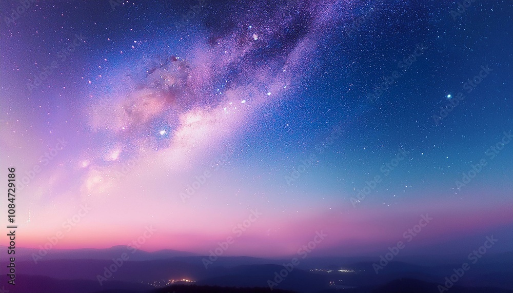 Milky Way Galaxy over purple mountains at dusk. Milky Way Galaxy over purple mountains at dusk.