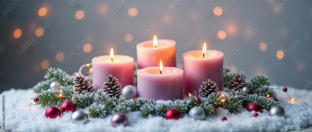 A cozy setup featuring lit candles surrounded by pine cones, festive ornaments, and greenery. Perfect for creating a warm holiday atmosphere with soft glowing lights and tranquil seasonal elements. A cozy setup featuring lit candles surrounded by pine cones, festive ornaments, and greenery. Perfect for creating a warm holiday atmosphere with soft glowing lights and tranquil seasonal elements.