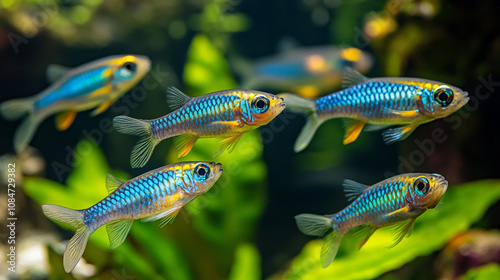 Aquarium Fish: Celestial Pearl Danios, Blue, Aqua, School, Swimming photo