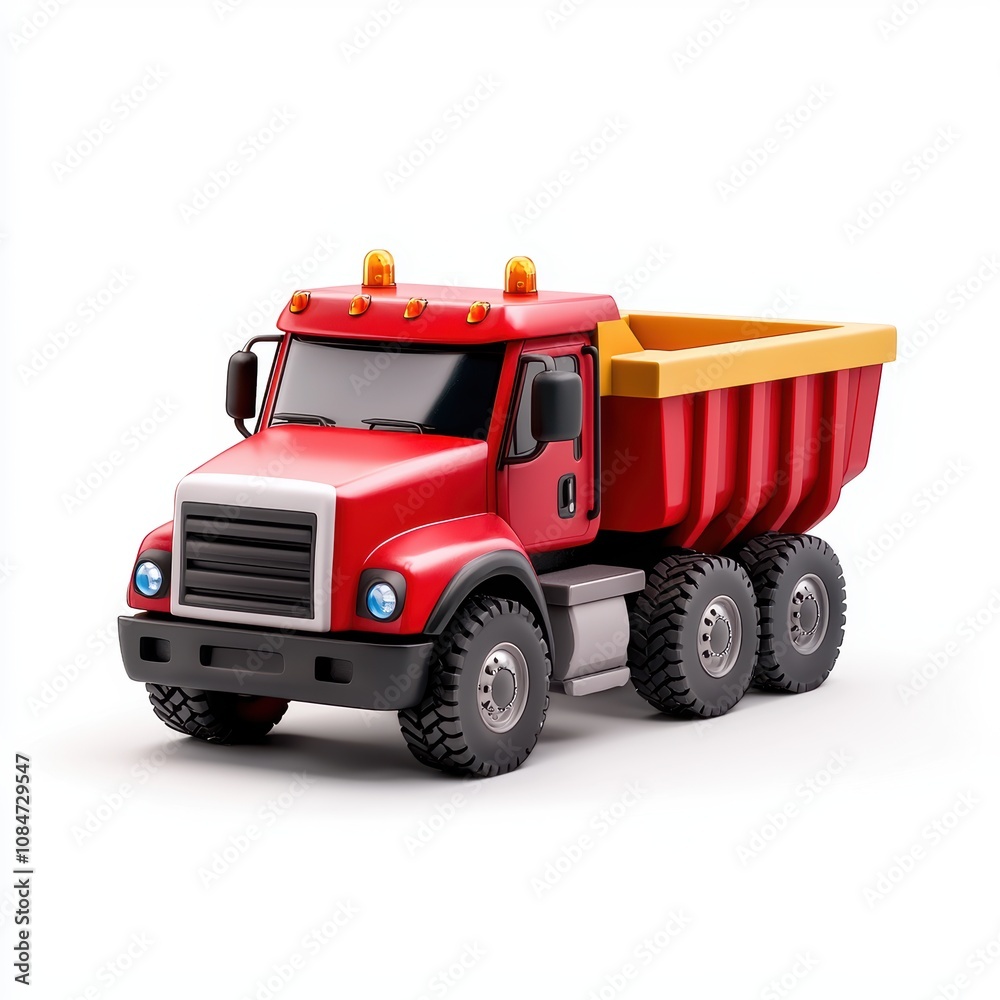 A vibrant red dump truck with a yellow bed is depicted, showcasing its rugged design and strong wheels A vibrant red dump truck with a yellow bed is depicted, showcasing its rugged design and strong wheels