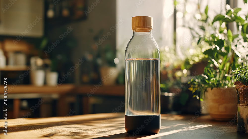 Glass Water Bottle with Wooden Cap, Healthy Hydration, Sustainable Lifestyle, Kitchen Background, Refillable Glass Water Bottle with Wooden Cap, Healthy Hydration, Sustainable Lifestyle, Kitchen Background, Refillable