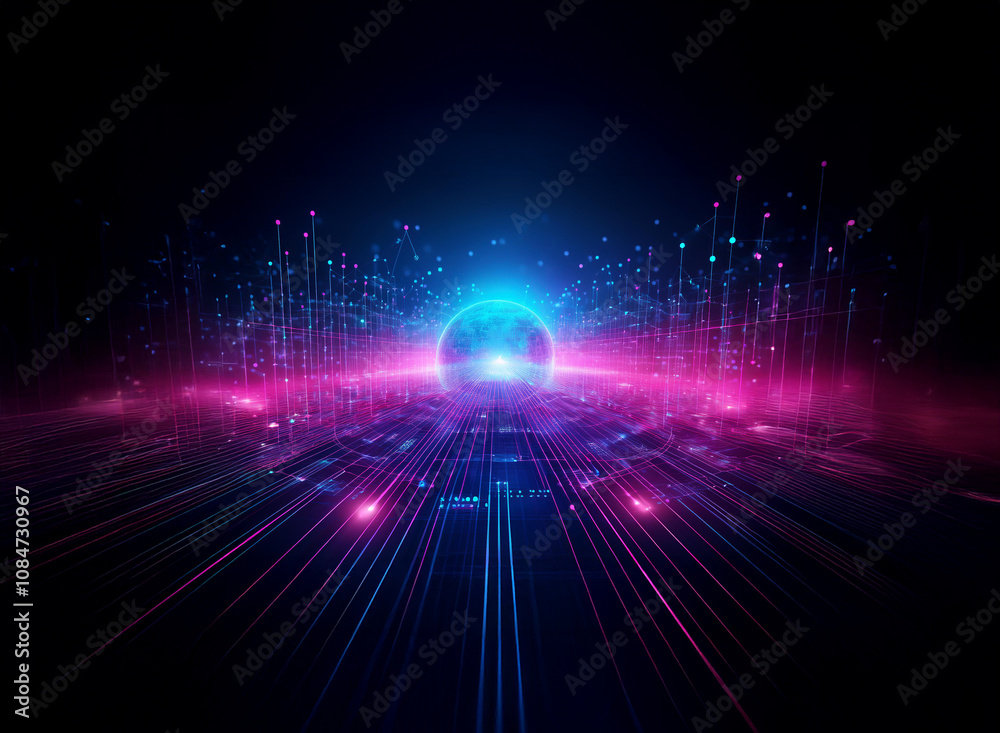 A glowing orb rests on a futuristic cityscape, surrounded by vibrant pink and blue light streaks, suggesting technological advancement and digital energy.