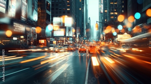 City scene with motion blur lights on a busy street, surrounded by tall buildings and illuminated advertising billboards in an evening urban setting.