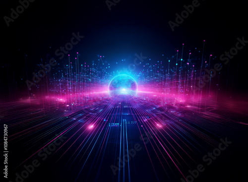 A glowing orb rests on a futuristic cityscape, surrounded by vibrant pink and blue light streaks, suggesting technological advancement and digital energy.