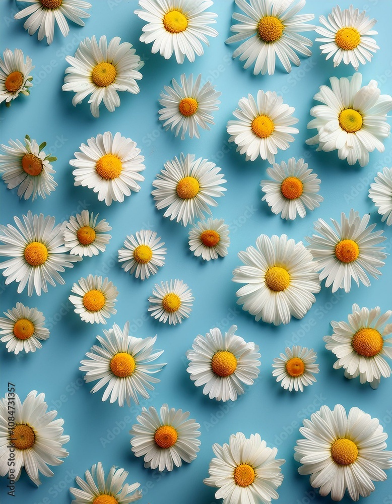 Daisy Delight: A cheerful arrangement of white daisies on a light blue background. Daisy Delight: A cheerful arrangement of white daisies on a light blue background.