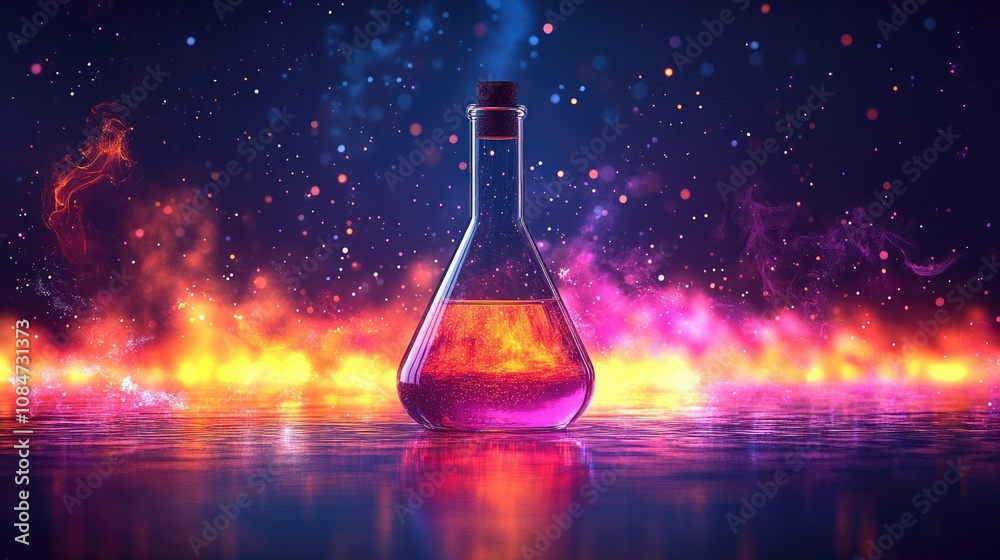 A glass flask filled with a glowing red liquid stands on a dark surface with fiery lights and smoke in the background. A glass flask filled with a glowing red liquid stands on a dark surface with fiery lights and smoke in the background.