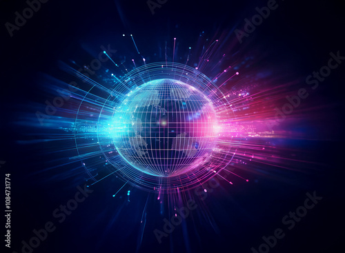 A digital rendering of Earth, encased in a vibrant, glowing circular frame. Surrounding it are streaks of light in pink and blue, radiating outward, suggesting global connectivity and data flow.