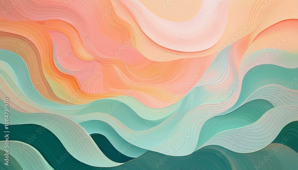 Fototapeta premium Abstract artwork featuring flowing, pastel-colored waves. The image evokes a sense of serenity and calm with its soft, dreamy palette.