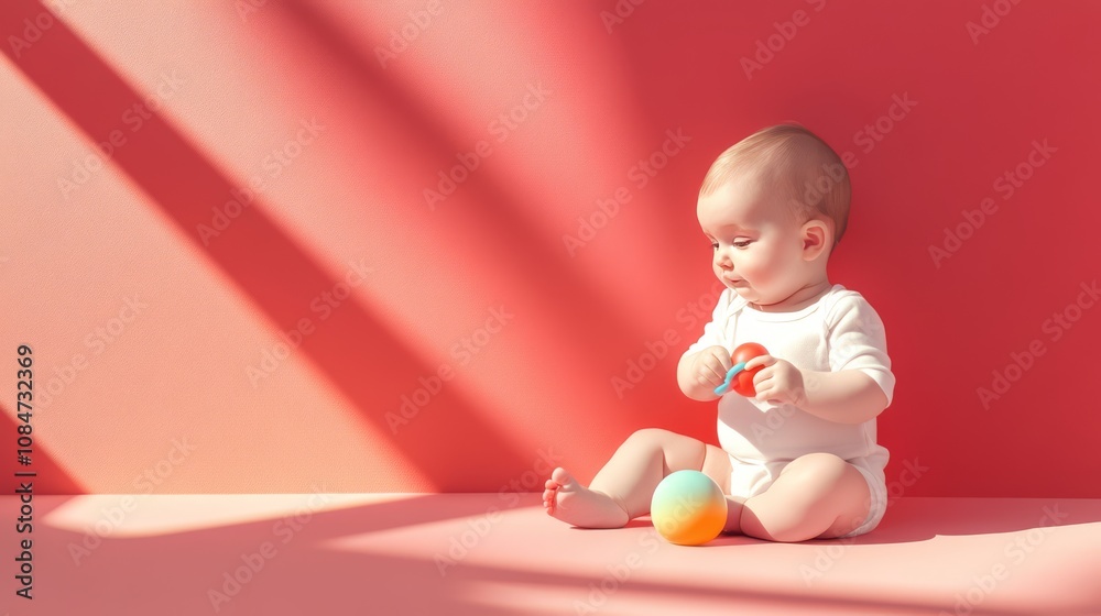 Baby playing with a colorful ball against a pink background. Baby playing with a colorful ball against a pink background.