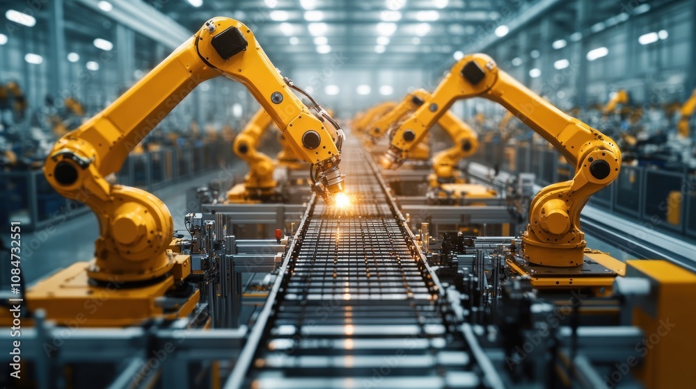 Industrial scene with robotic arms working on a production line in a factory setting. Industrial scene with robotic arms working on a production line in a factory setting.