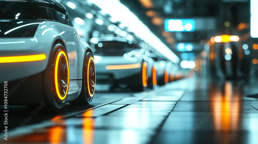 Futuristic Electric Cars, Autonomous Vehicles, Airport Transportation, Neon Lights, 3D Rendering Futuristic Electric Cars, Autonomous Vehicles, Airport Transportation, Neon Lights, 3D Rendering