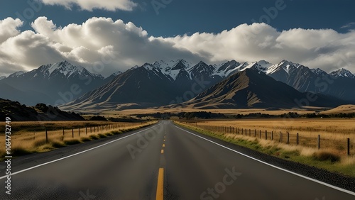 New Zealand, Bealey, Clouds over empty State Highway 73 with mountains in background Generative AI photo