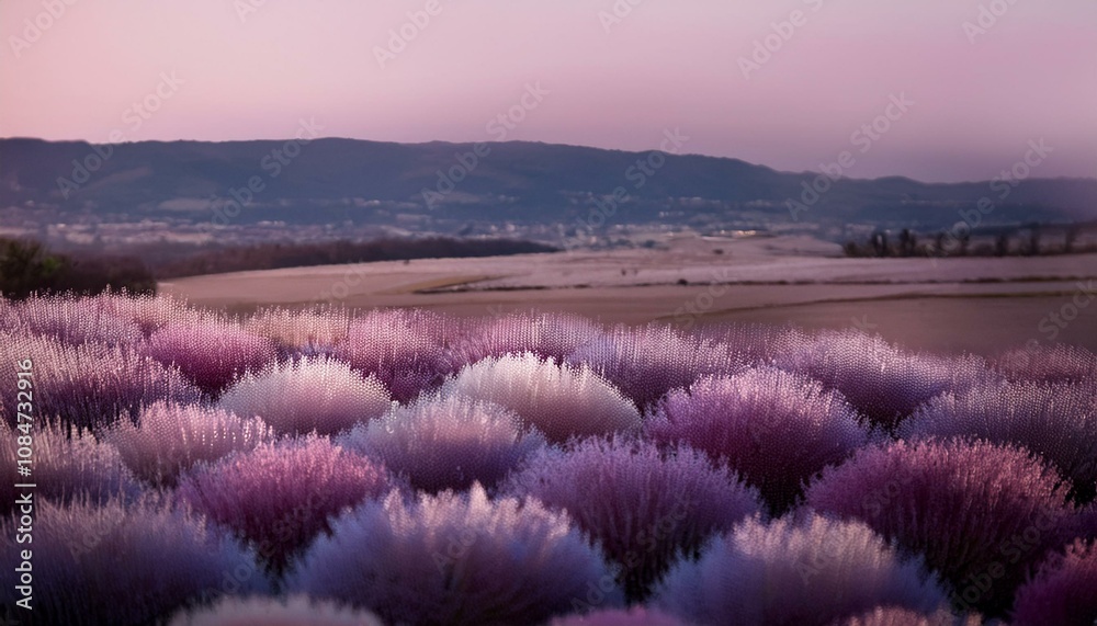 Obraz premium Soft purple and white flowers gently sway in the warm light of sunrise. A picturesque landscape unfolds in the background.