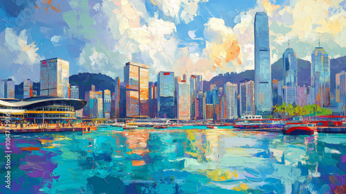 Vibrant Hong Kong Cityscape Painting, Bay, Skyscrapers, Boats, Harbor