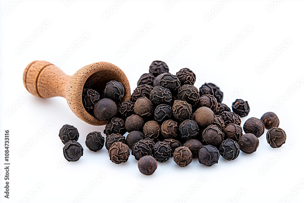 Obraz premium Whole Black Peppercorns, Seasoning Ingredient, Close-Up Isolated on White Background