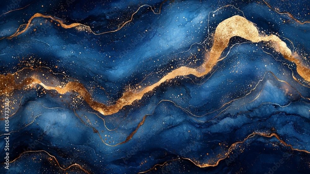 Abstract blue and gold wave design with a fluid, artistic composition. Abstract blue and gold wave design with a fluid, artistic composition.