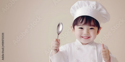 Adorable toddler chef, beaming with joy, holds a spoon and gives a thumbs-up.  A culinary cutie! photo