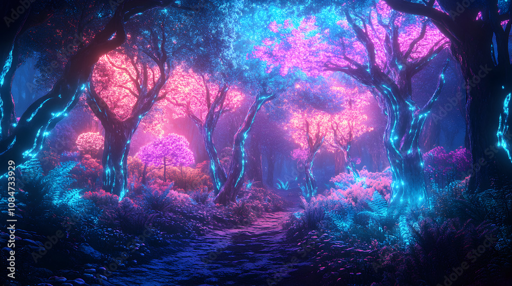 A dreamlike forest with trees glowing in bright neon hues A dreamlike forest with trees glowing in bright neon hues
