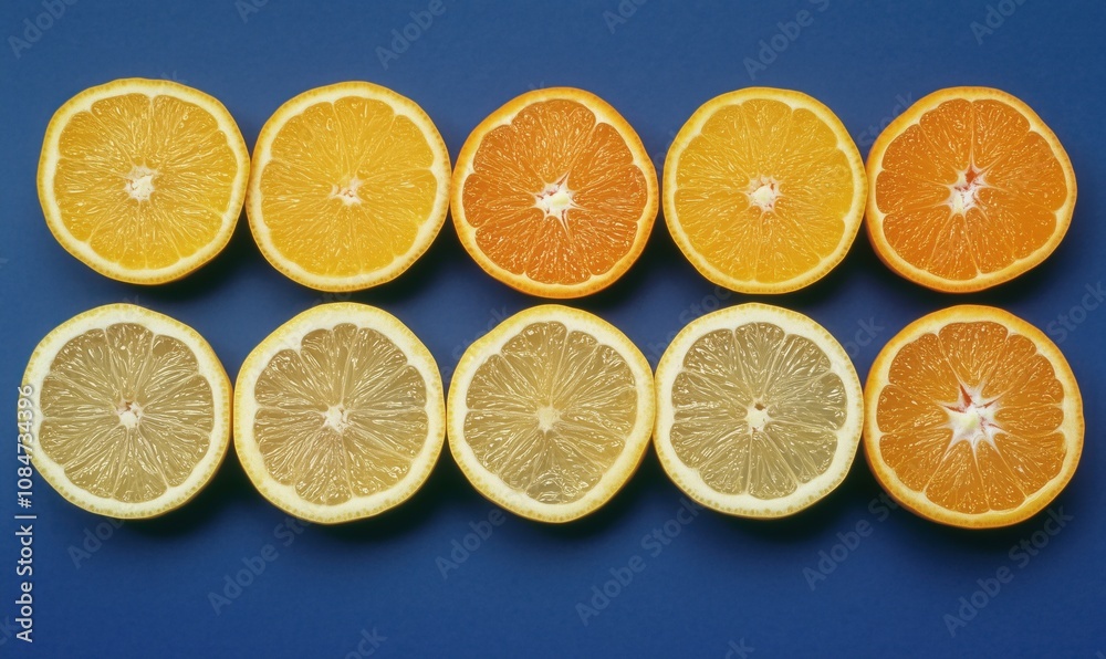 Citrus fruits display, vibrant orange and lemon slices arranged in rows, showcasing textures and colors, blue background enhances visual appeal Citrus fruits display, vibrant orange and lemon slices arranged in rows, showcasing textures and colors, blue background enhances visual appeal