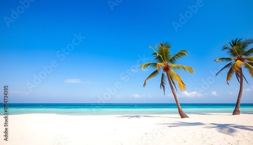 A serene and untouched tropical beach at sunset, with a clear blue sky