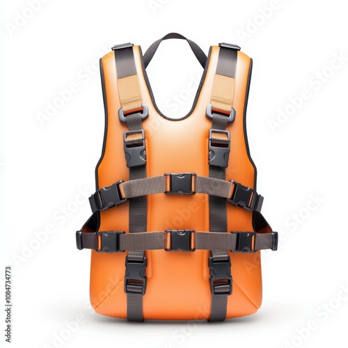 A bright orange life vest with adjustable straps, ideal for water sports, boating, and safety initiatives, Useful for promoting safety gear in advertisements, brochures, and educational materials, photo