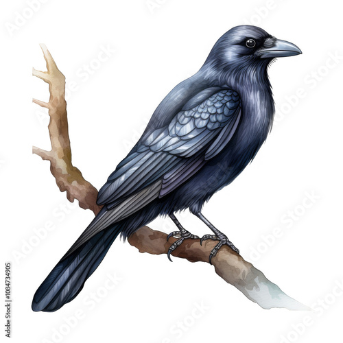 Majestic Raven Perched on a Weathered Branch, Detailed Artistic Render photo