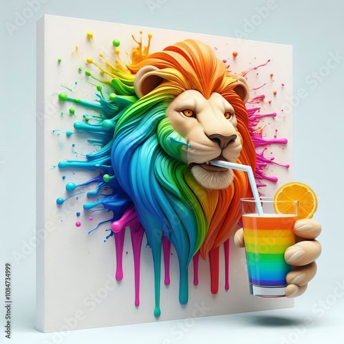 A lion sipping a cocktail. Splash art , rainbow concept. photo