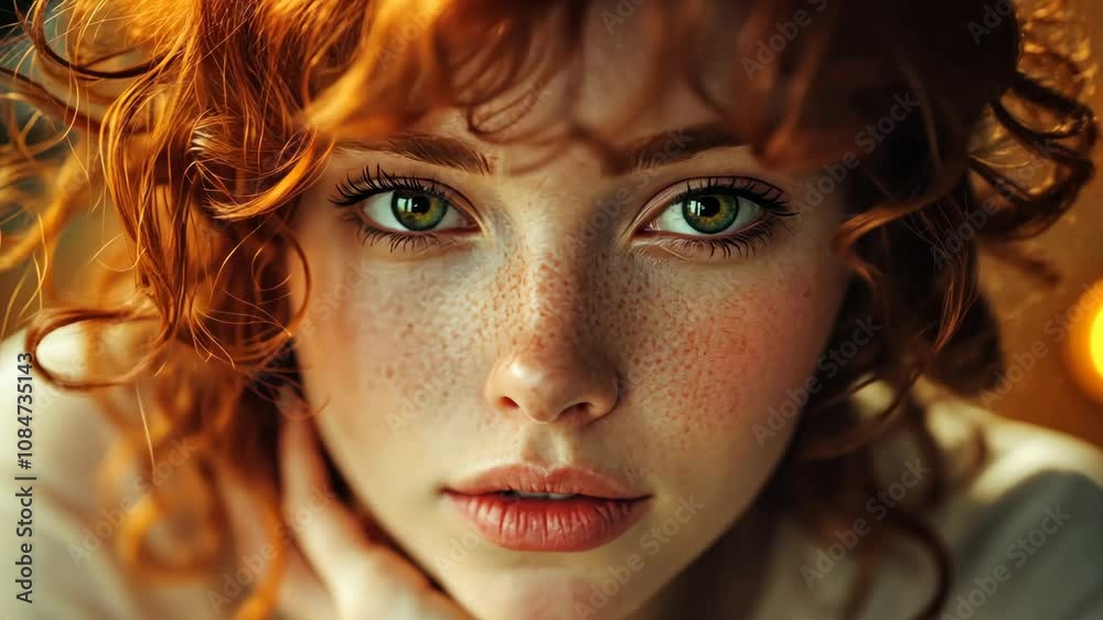 Captivating close-up of a young woman with curly red hair and striking green eyes at sunset