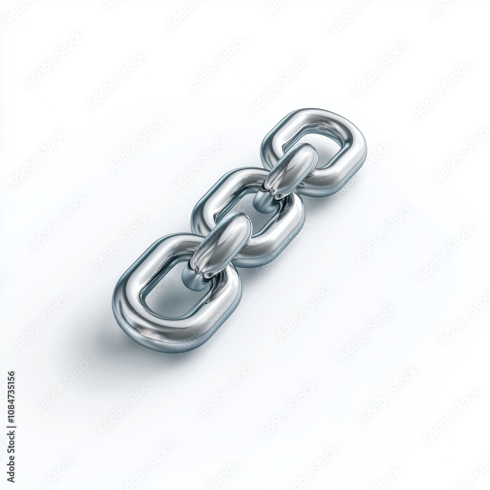 Obraz premium A shiny metallic chain link sits on a clean white background, symbolizing strength and connection, Ideal for themes related to teamwork, security, or unity in design projects or marketing materials,
