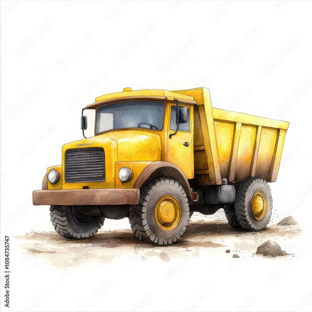 A brightly colored yellow dump truck stands on a sandy surface, showcasing its robust design, This illustration can be used in construction-related materials, education, or children's books, A brightly colored yellow dump truck stands on a sandy surface, showcasing its robust design, This illustration can be used in construction-related materials, education, or children's books,