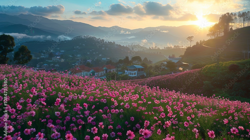 Serene Sunset over a Hillside Village with Blooming Cosmos Flowers Serene Sunset over a Hillside Village with Blooming Cosmos Flowers