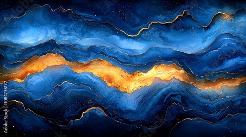 Abstract blue and gold wave pattern resembling geological formations.