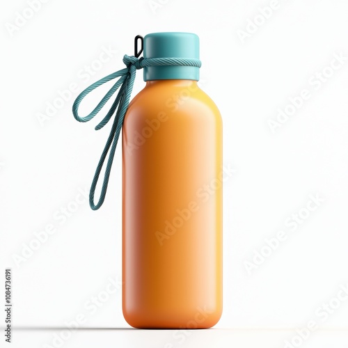 A vibrant orange water bottle with a turquoise lid and a decorative rope is displayed against a clean white background, ideal for promoting hydration, outdoor activities, or eco-friendly products, photo