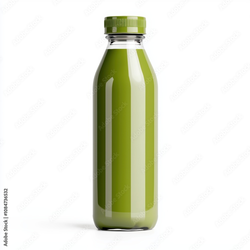 A clear glass bottle filled with green juice stands against a white background, showcasing its vibrant color, Ideal for health blogs, wellness publications, or product marketing related to nutrition, A clear glass bottle filled with green juice stands against a white background, showcasing its vibrant color, Ideal for health blogs, wellness publications, or product marketing related to nutrition,