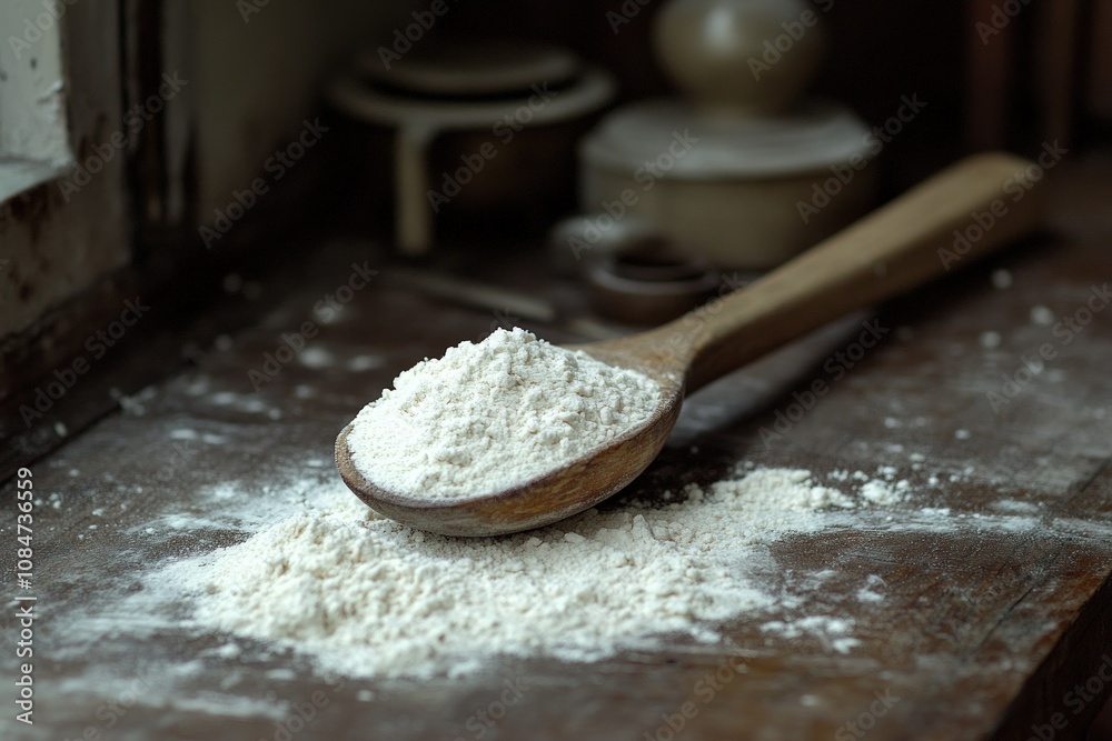 Wooden spoon full of flour on rustic table. Wooden spoon full of flour on rustic table.
