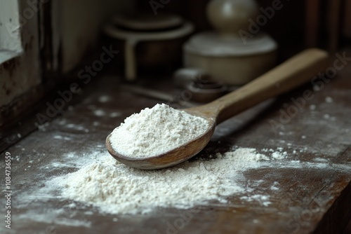 Wooden spoon full of flour on rustic table.