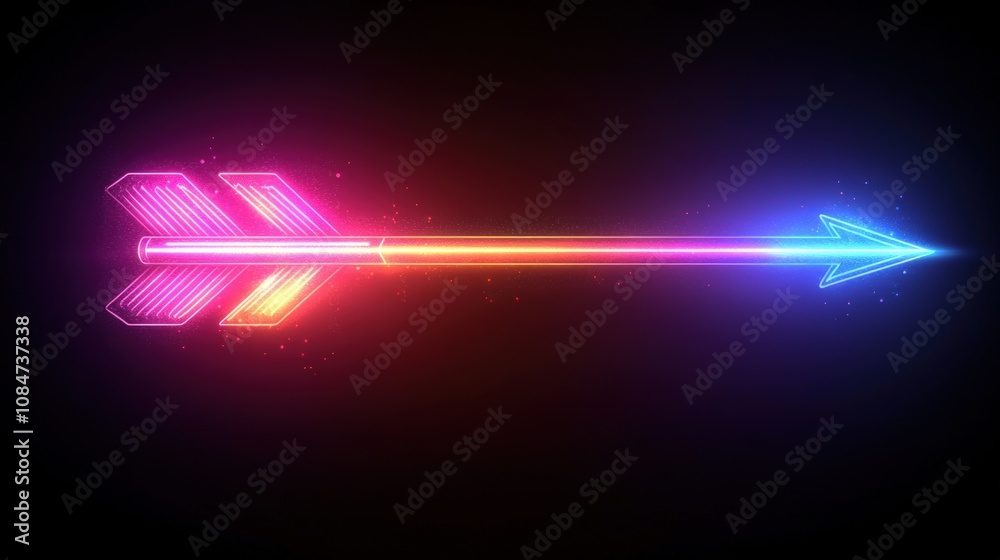 Glowing neon arrow pointing right, pink and blue. Glowing neon arrow pointing right, pink and blue.